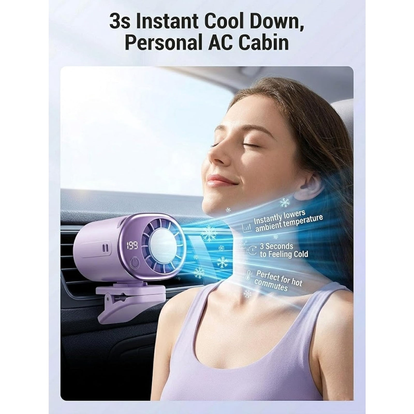 Car Clip on Air Conditioner Fan with LED Display – 360° Rotation, 199 Speeds, Semi-Cooling, USB Rechargeable Portable Mini Cooling System for Auto, SUV, Truck, Tent