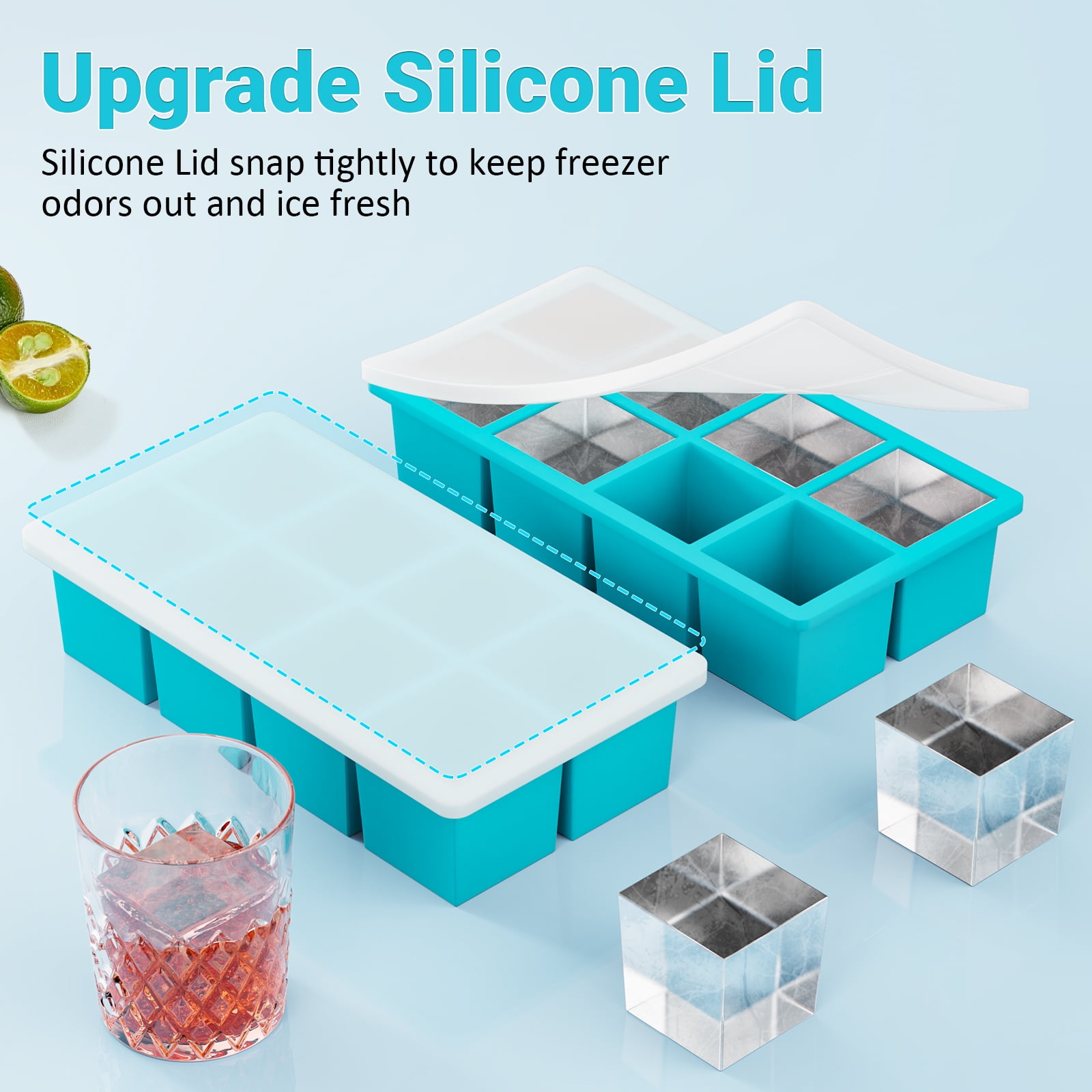 TINANA Ice Cube Tray with Lid: 3 Pack Large Silicone Ice Tray Molds for Freezer, BPA Free, Big Square Ice Cube for Whiskey, Cocktails, Baby Food, Juices-Gray&Blue&Purple