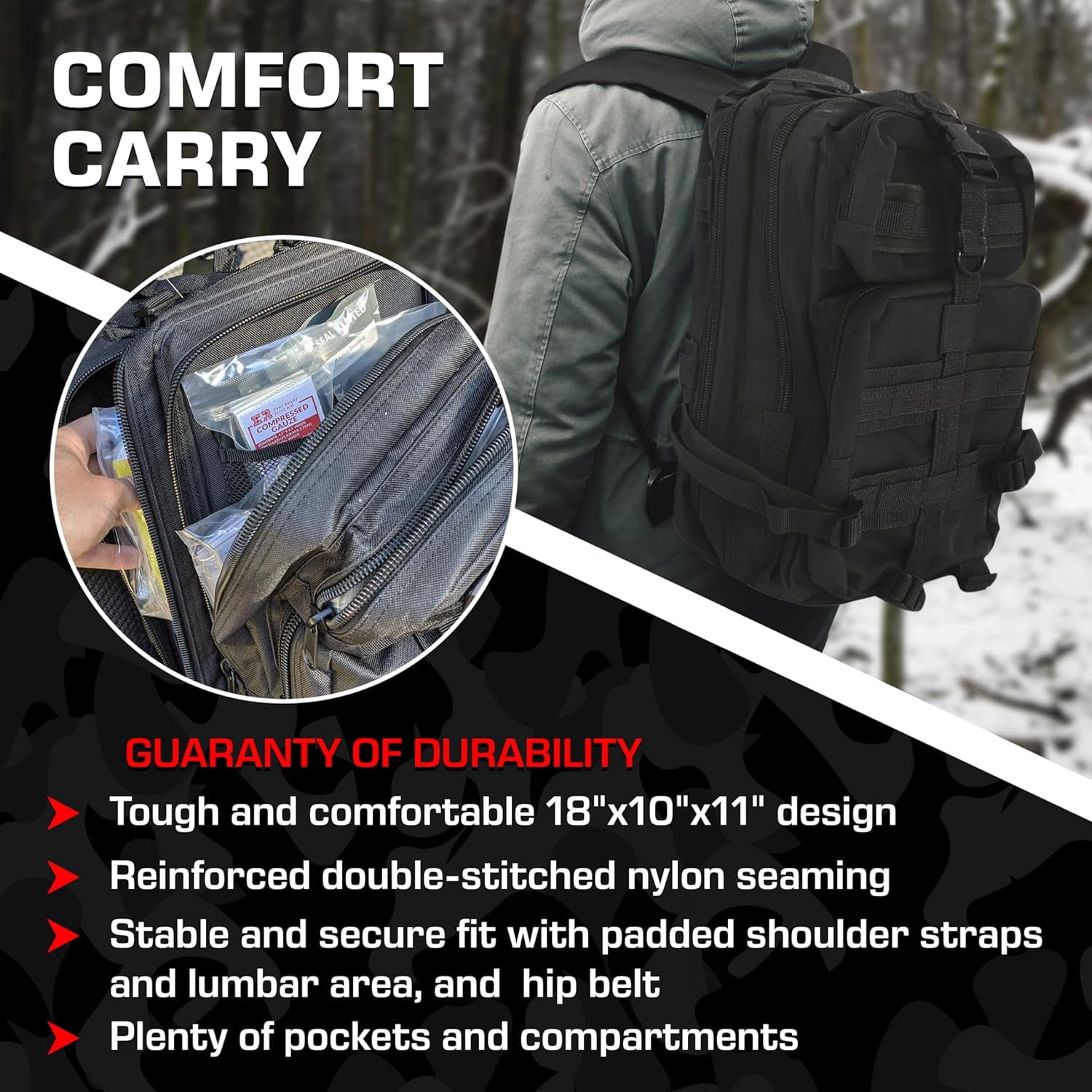 MEDITAC Rucksack Trauma Kit Feat. Tight Bandage, Chest Seal, Israeli Bandage and Gauze Dressing – Black