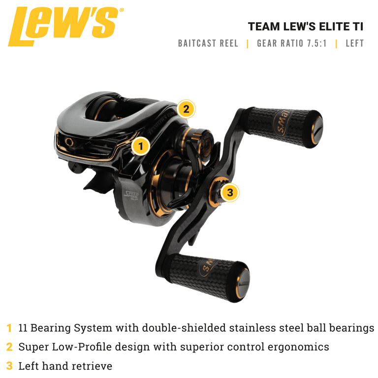Lew's Team Lew's Elite-Ti Baitcast Reel, 10+1 Stainless Steel Ball  Bearings, 7.5:1 Gear Ratio, Left-Hand Retrieve Titanium Gray/Gold