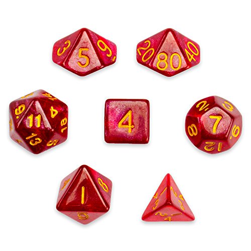 Wiz Dice 7 Die Polyhedral Dice Set - Philosopher's Stone (Red Glitter) with Velvet Pouch