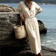 thumbnail image 6 of Wide Leg Pants Women's Fashion Solid V-Neck Short Sleeve Beach Vacation Pockets Button Long Jumpsuit Beige 2XL, 6 of 6