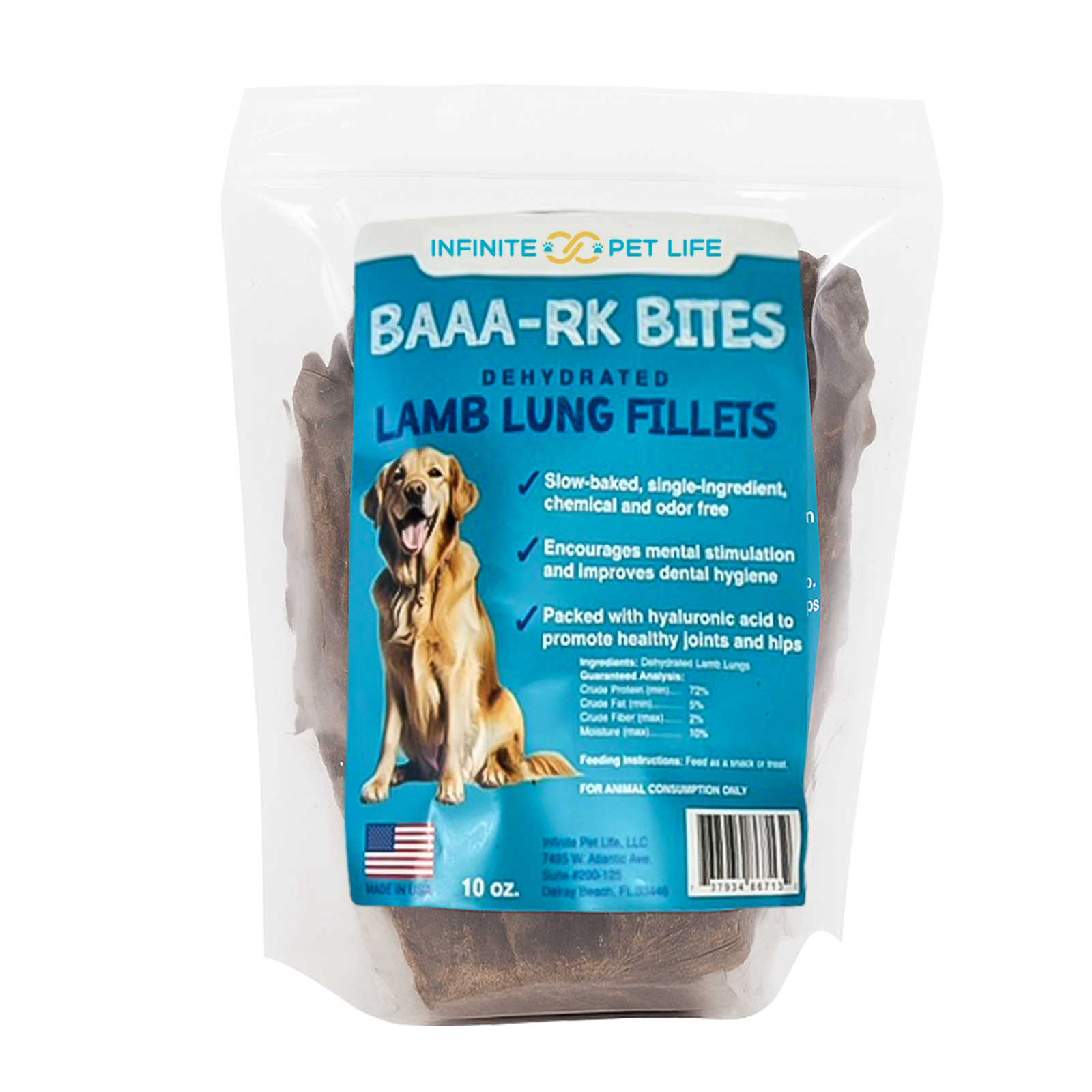 Infinite Pet Life BAAA-RK Bites Lamb Lung Dog Treats | 10oz | Made in USA | Dehydrated Lungs for Dogs