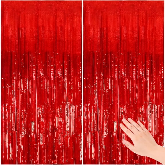 2 Pack Red Tinsel Foil Fringe Curtain Backdrop, Foil Curtain for Birthday Wedding Shower Bachelorette Christmas Holiday Celebration Party Decorations