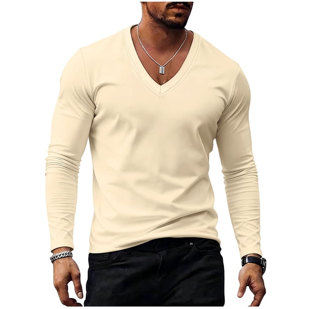 Mens Tops Manga Larga Suelta Cuello en V Casual Color Sólido Transpirable Manga Larga Camisa de Ejercicio, Manga Corta Superior