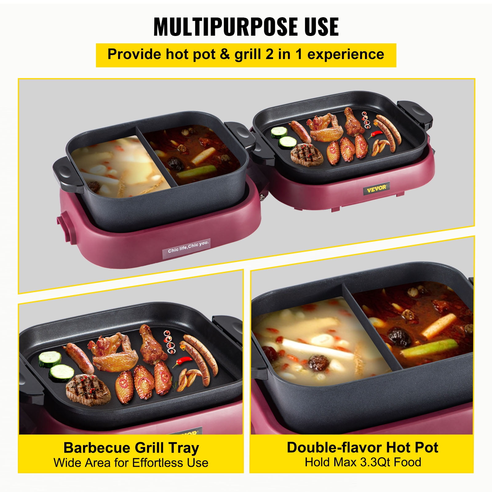 VEVOR VEVOR 2 in 1 BBQ Pan Grill and Hot Pot with Divider Multifunctional  Teppanyaki Grill Pot, Separate Dual Temperature Control Electric BBQ Stove  Hot Pot, 5 Speed for Indoor Korean BBQ