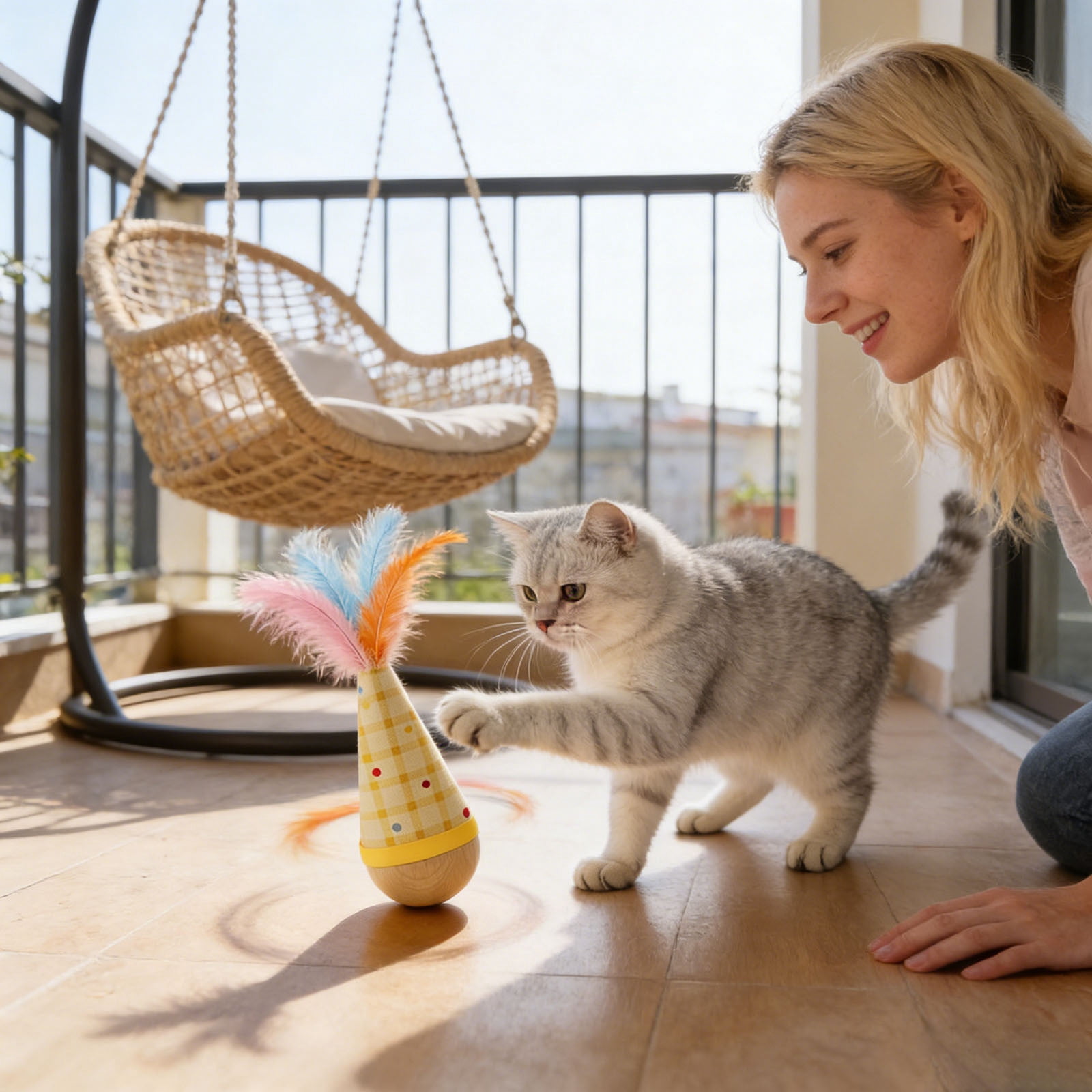 Wooden Interactive Cat Toy Tumbler Wobble Toy for Indoor Cats, Self Righting Chaser with Orange Feather, Wood Interactive Play for Boredom Relief and Exercise