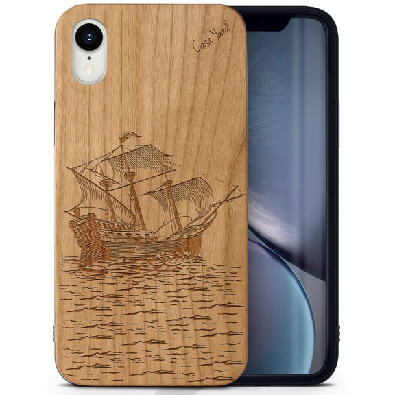 Case Yard Wooden Case Outside Soft TPU Silicone, Slim Fit Shockproof Wood Protective Phone Cover for Girls Boys Men and Women, Supports Wireless Charging Sailboat Design case for iPhone-XR