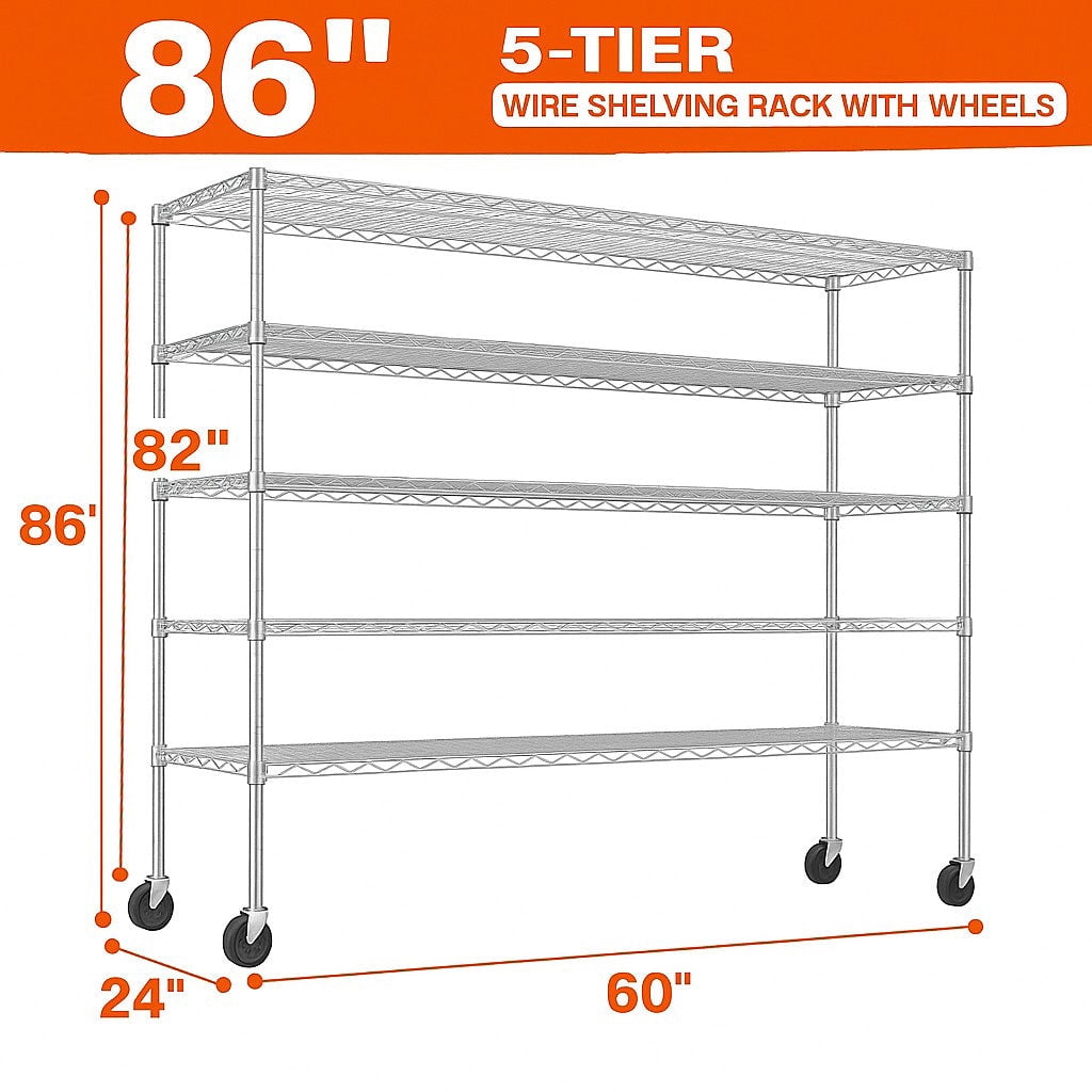 Sailvan 5-Tier Heavy Duty Metal Storage Rack, 60"W x 24"D x 82"H, 2400LBS Capacity Adjustable Wire Shelving Unit with Wheels for Garage Pantry,Silver