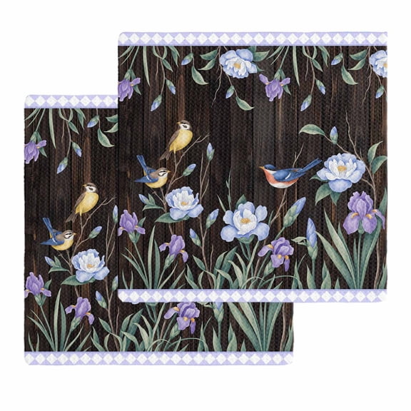 Spring Flowers Kitchen Dish Towels for Drying Dishes Set of 2, Blue Floral Leaves Birds Country Farm Wood Grain Waffle Weave Microfiber Hand Tea Bathroom Towels Quick Dry & Absorbent Towel 12x12