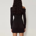 thumbnail image 4 of Women'S Fall Winter Elegant Solid Color Off-Shoulder Hip Dress Long Sleeve Pleated Slim Party Mini Dress Black L, 4 of 5