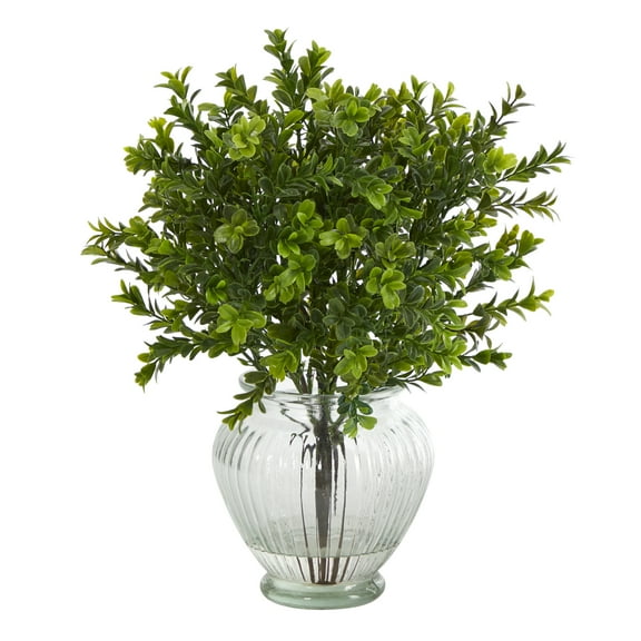 Nearly Natural 14in. Boxwood Artificial Plant in Glass Planter (Indoor/Outdoor)