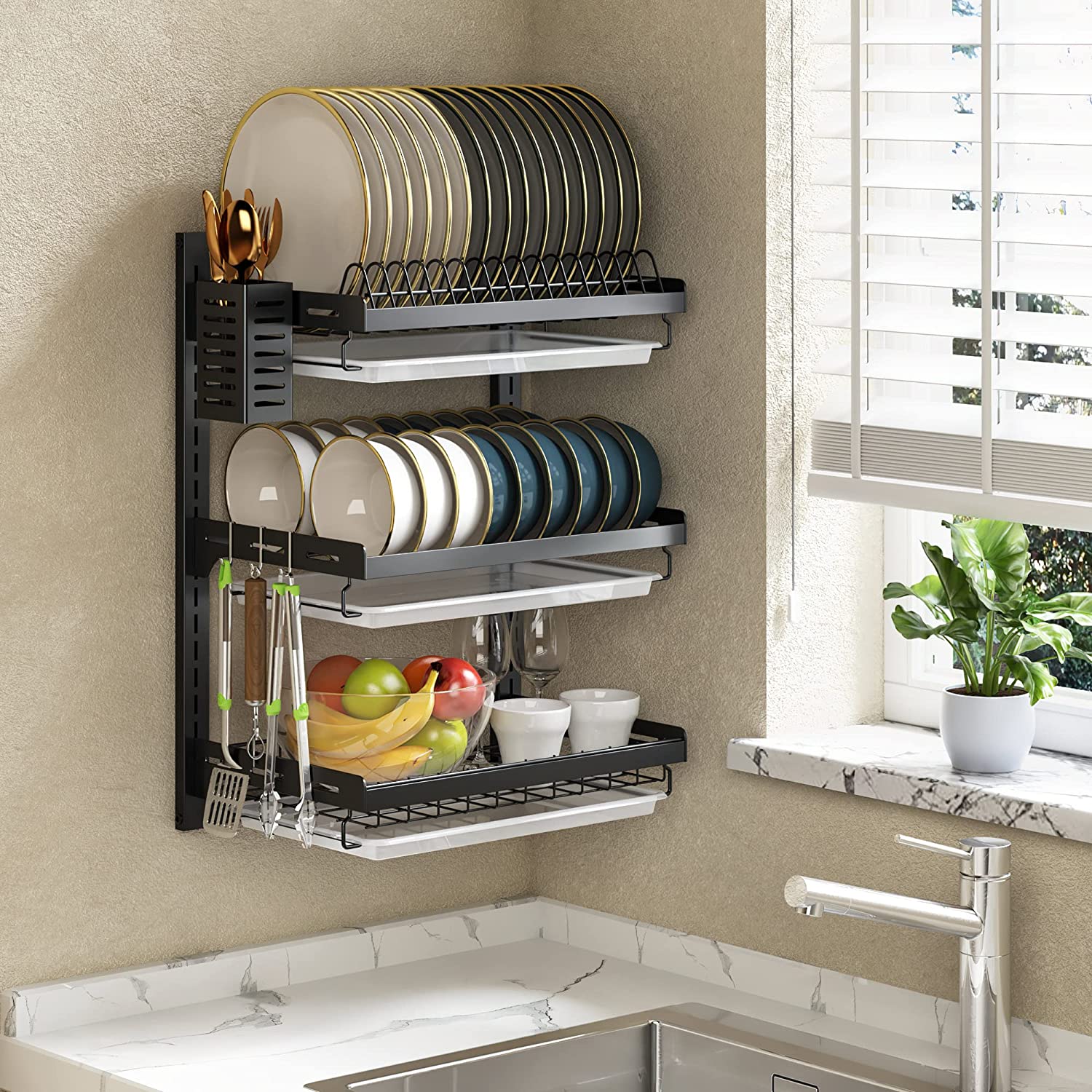 Wall Mounted Dish Drying Rack, 3 Tier Stainless Steel Hanging Drainer with Cutlery Holder and Hooks for Kitchen
