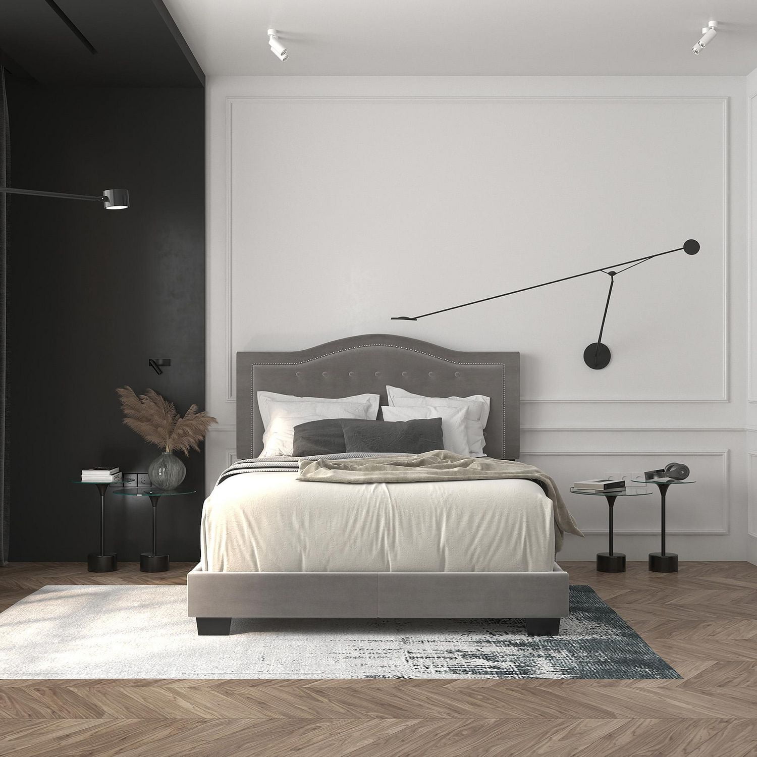 Grand lit moderne de 60 po revêtu de velours, gris pâle