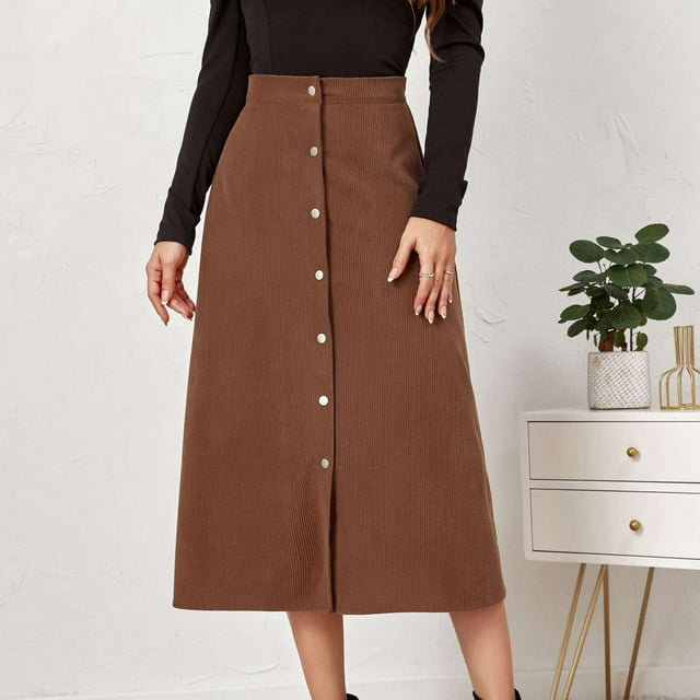 Jupe Longue en Velours Côtelé pour Femmes, Élastique, Cintrée, Boutonnée devant, Mi-Longue, Fendue devant, Midi