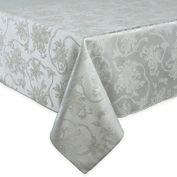 Christmas Ribbons Platinum Gray Damask Fabric Tablecloth 52x70 Oblong