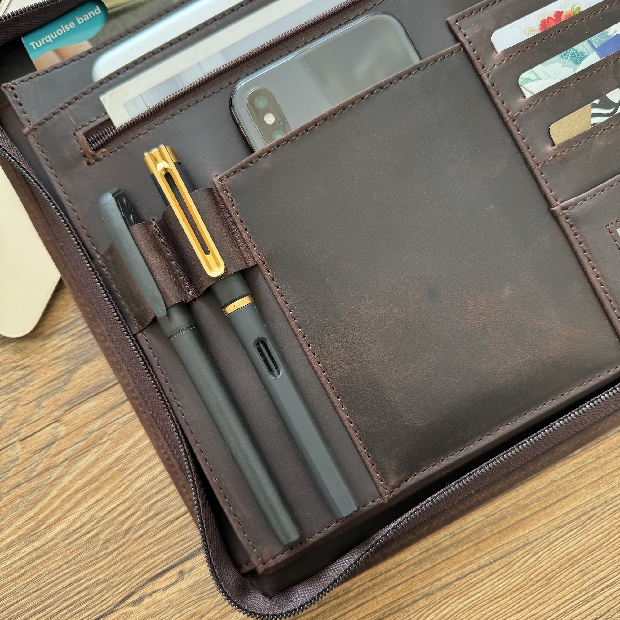 Business 3 Ring Check Binder, Genuine Leather Check Book Portfolio for 3 Holes or 9 Holes Checks, Check Book Binder for 11 1/4"x9", Crazy Horse Leather (Dark Brown)