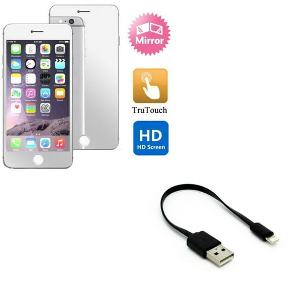iPhone 8/7/6S/6 - Mirror Screen Protector w Charger Short USB Cable - Film Display Cover, Cord Power Wire Fast Charge Sync for iPhone 8/7/6S/6