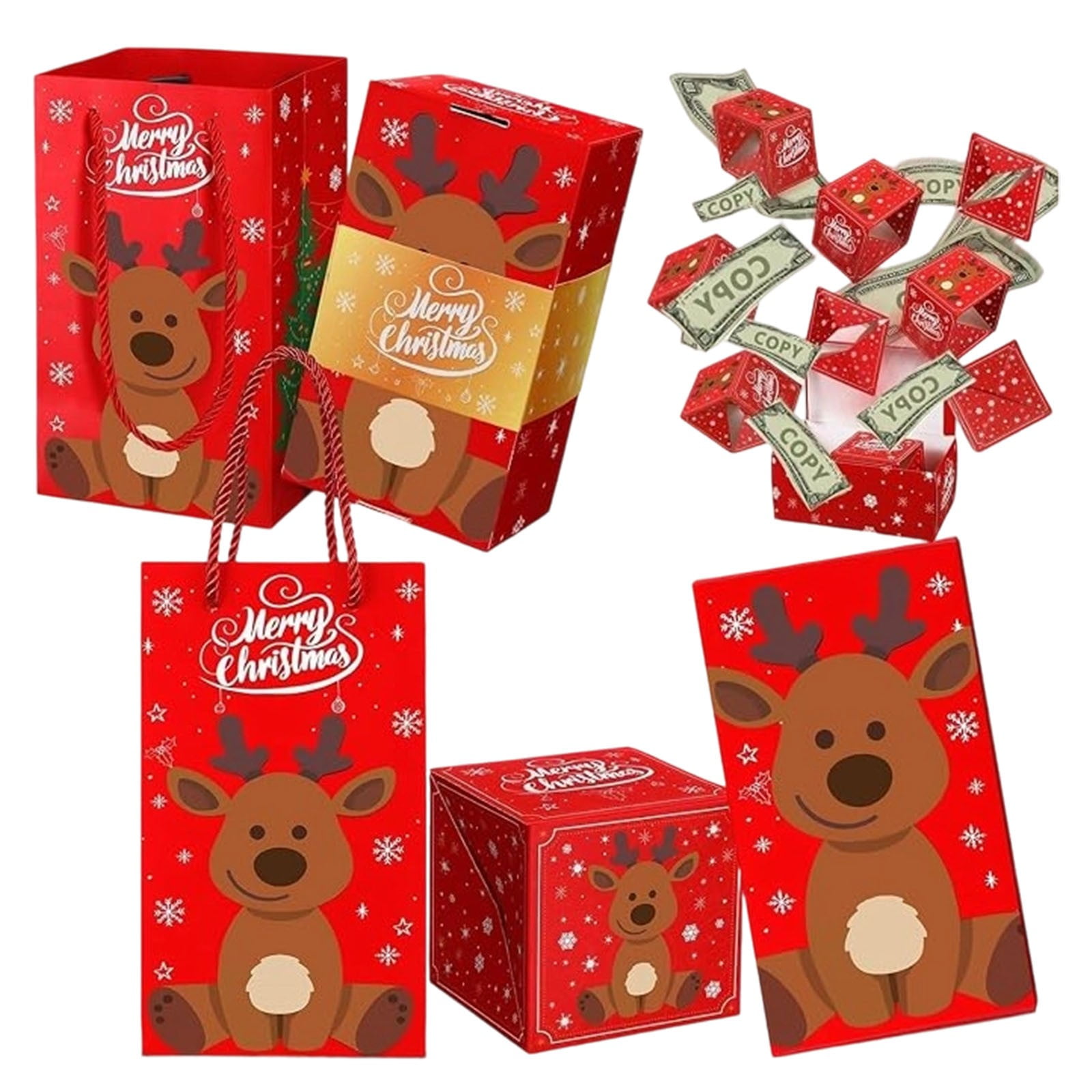 Christmas Surprise Gift Box Explosion for Money Unique Folding Bouncing Red Envelope Gift Box with Confetti Cash Pop Up Money Box for Christmas Birthday Anniversary Valentine (Red Elk G)