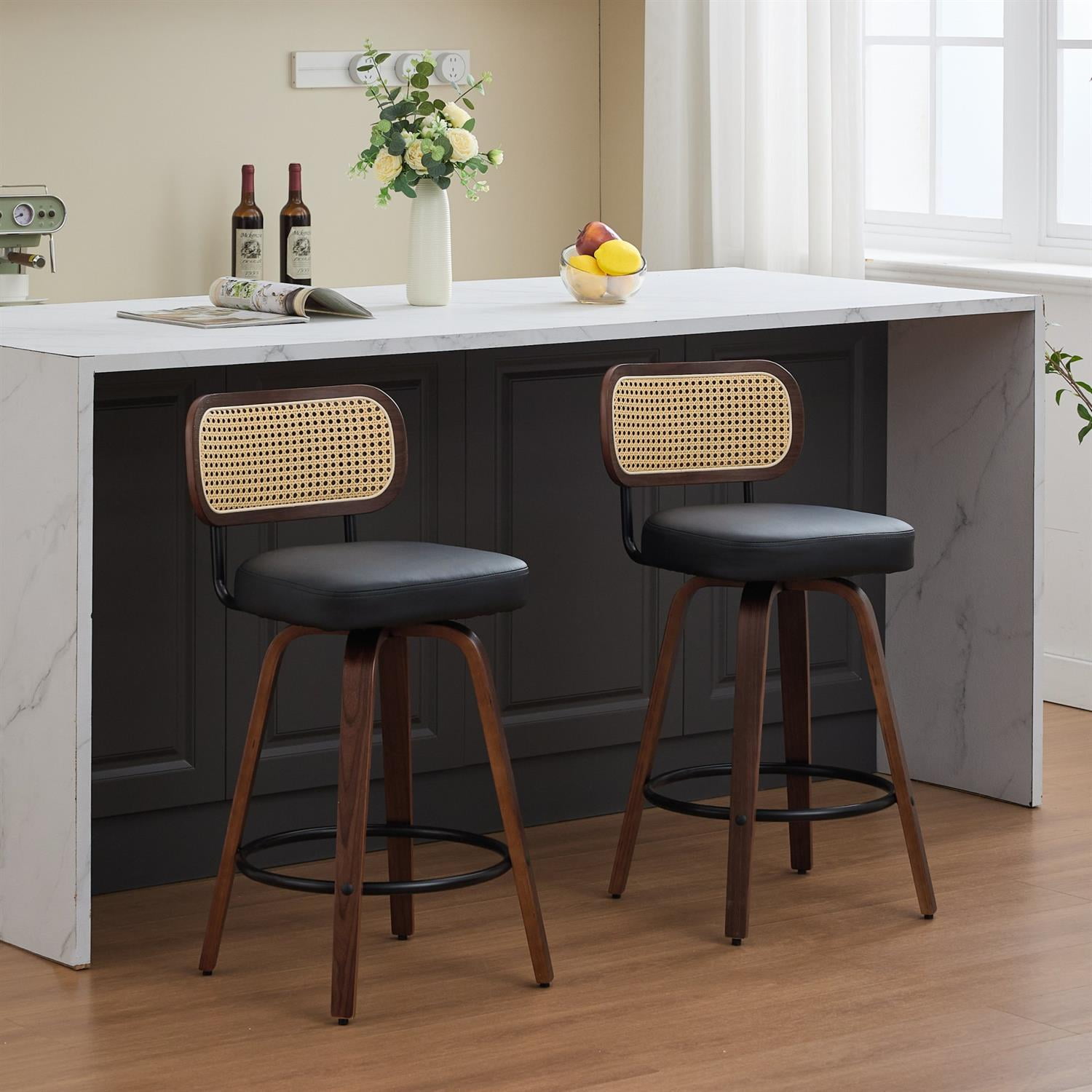 Demi Bonn 35" Swivel Bar Stools Set of 2 with Upholstered Faux Leather, Rattan Back & Bentwood Legs, Counter Height Stools for Kitchen or Bar Seating, Black