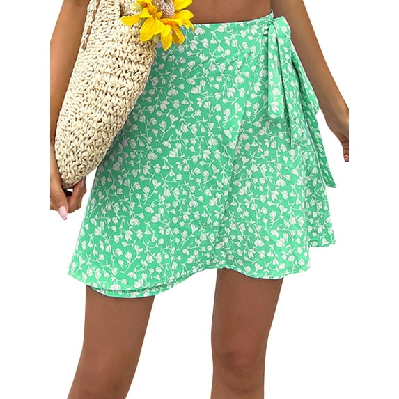 Xuanfei Women Floral Print Lace Up Waist Irregular Layered Short Skirt