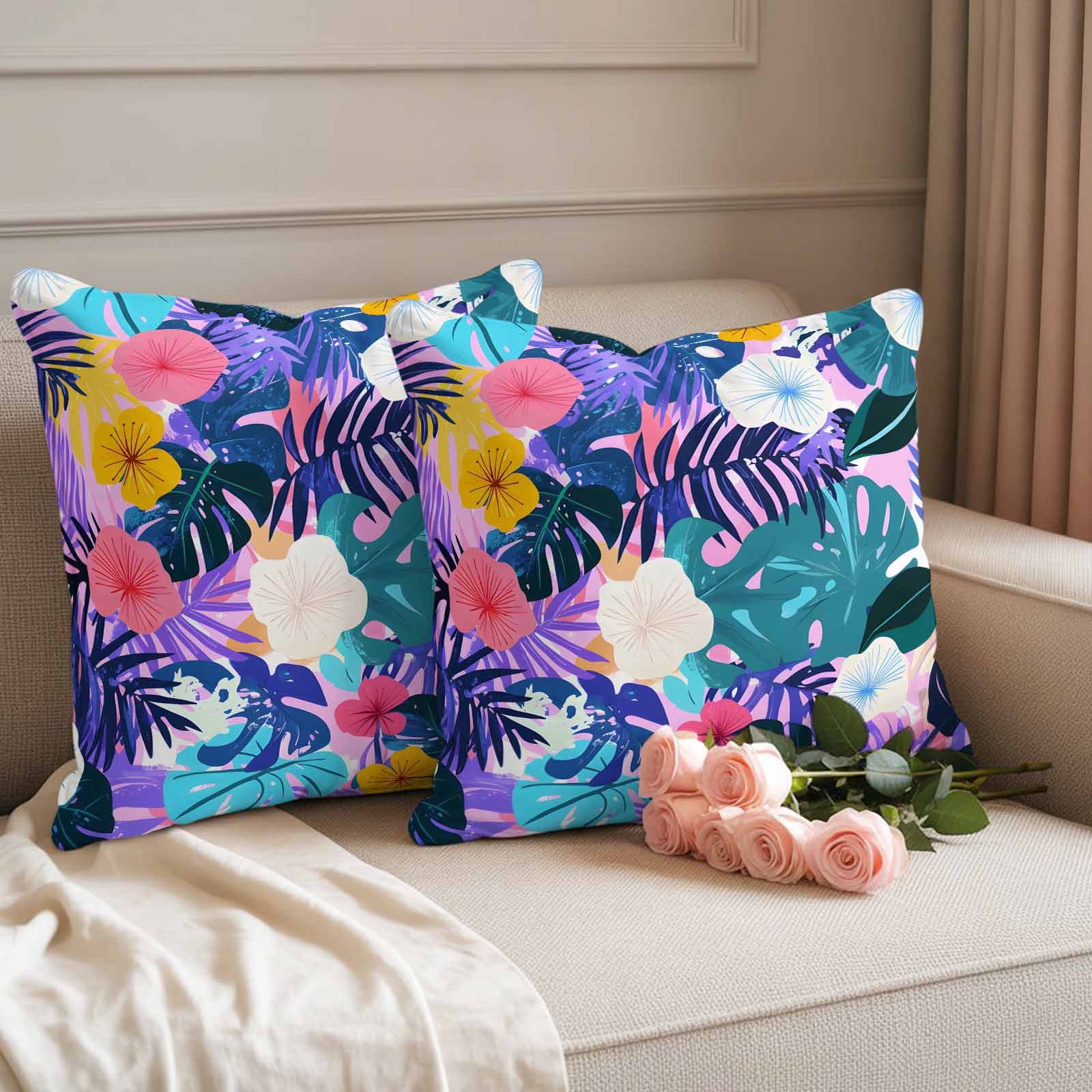 Tropical Leaf Outdoor Waterproof Pillow Covers, Purple Palm Plant Summer Flower Pastoral Decorative Square Throw Pillowcase Sofa Cushion Sham for Patio/Couch/Chair, 18"x18" 2 Pack