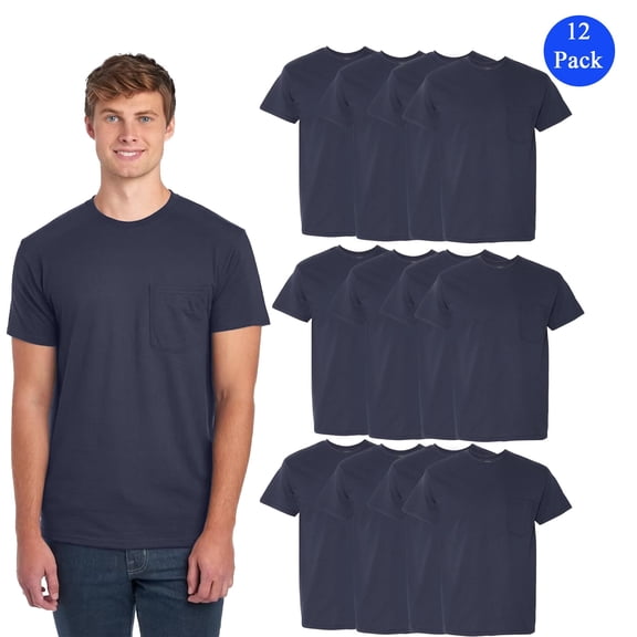 Gildan Men's T-Shirt, Classic Fit, 100 Cotton Short-Sleeve Comfortable Pocket Shirt, Navy, 12 Pack, S