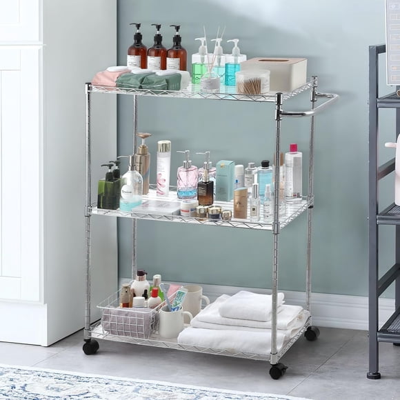AKDSteel Heavy Duty Rolling Storage Cart – Adjustable Metal Wire Rack Organizer with Wheels & Handle, 29.53"x13.78"x35.43" for Laundry, Garage, Bathroom