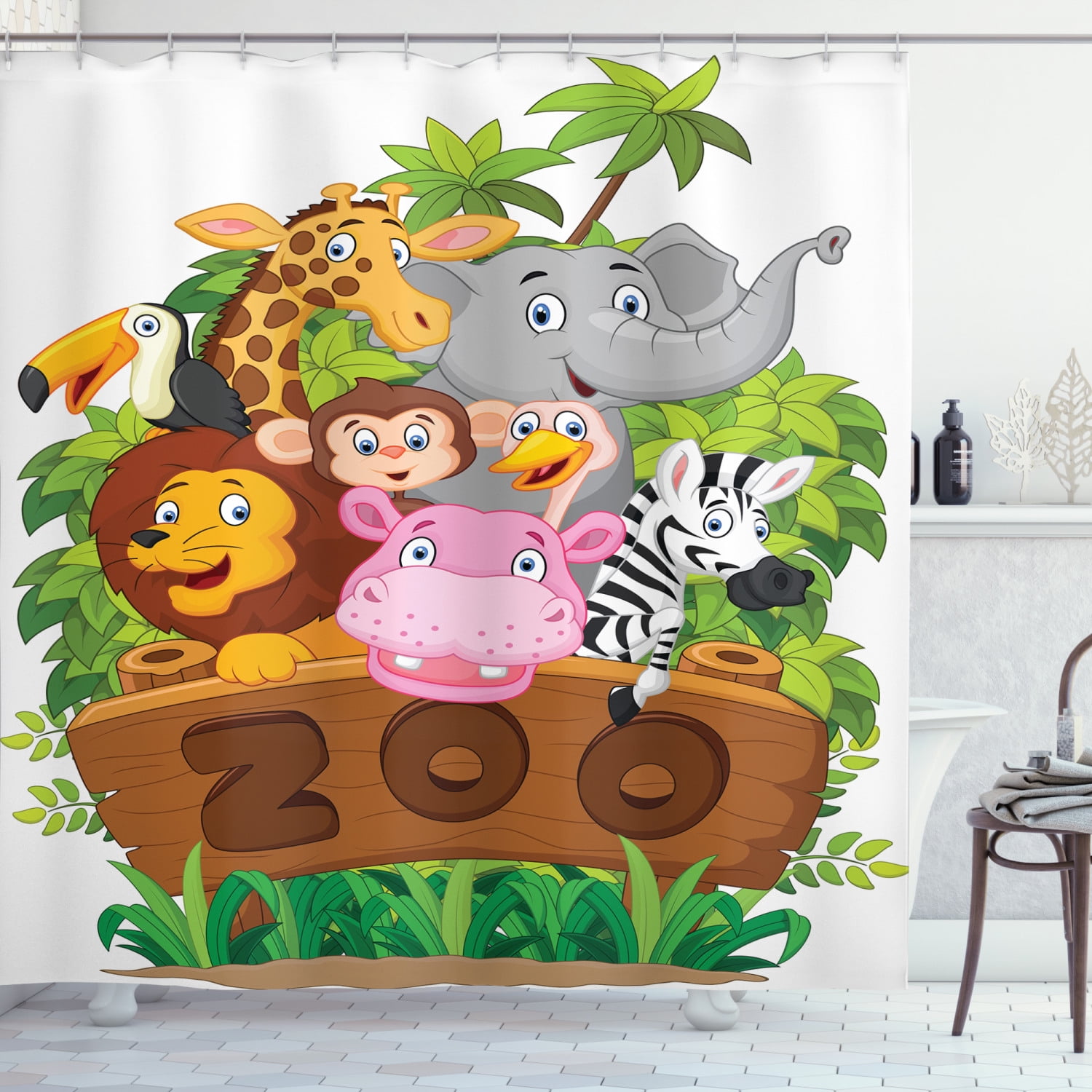 Ambesonne Zoo Shower Curtain, Happy Animals Fresh Trees, 69"Wx84"L