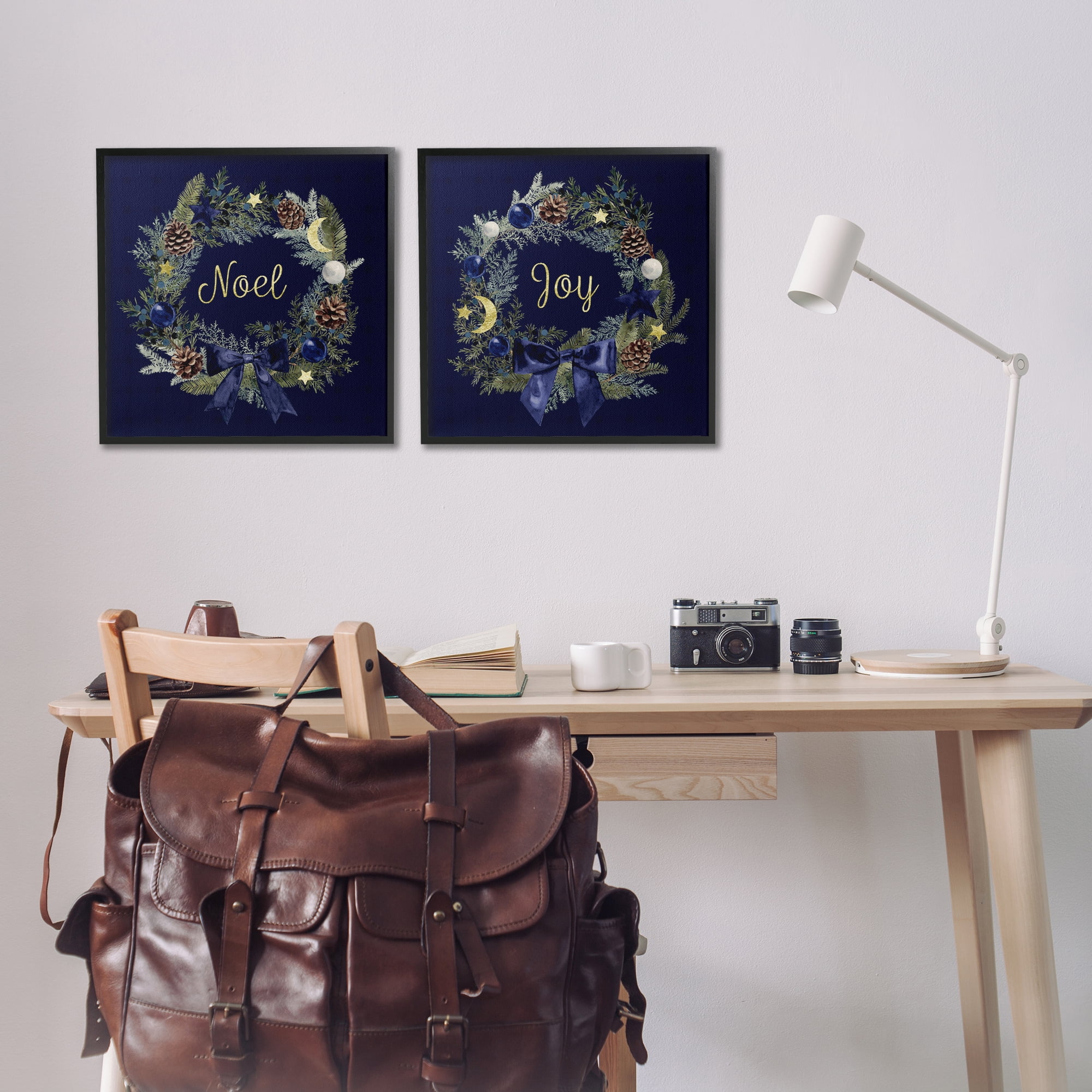 Stupell Industries Noel Joy Balsam Wreath Pinecones Holiday Painting Black Framed Art Prints Wall Art, 17 x 17, Set of 2