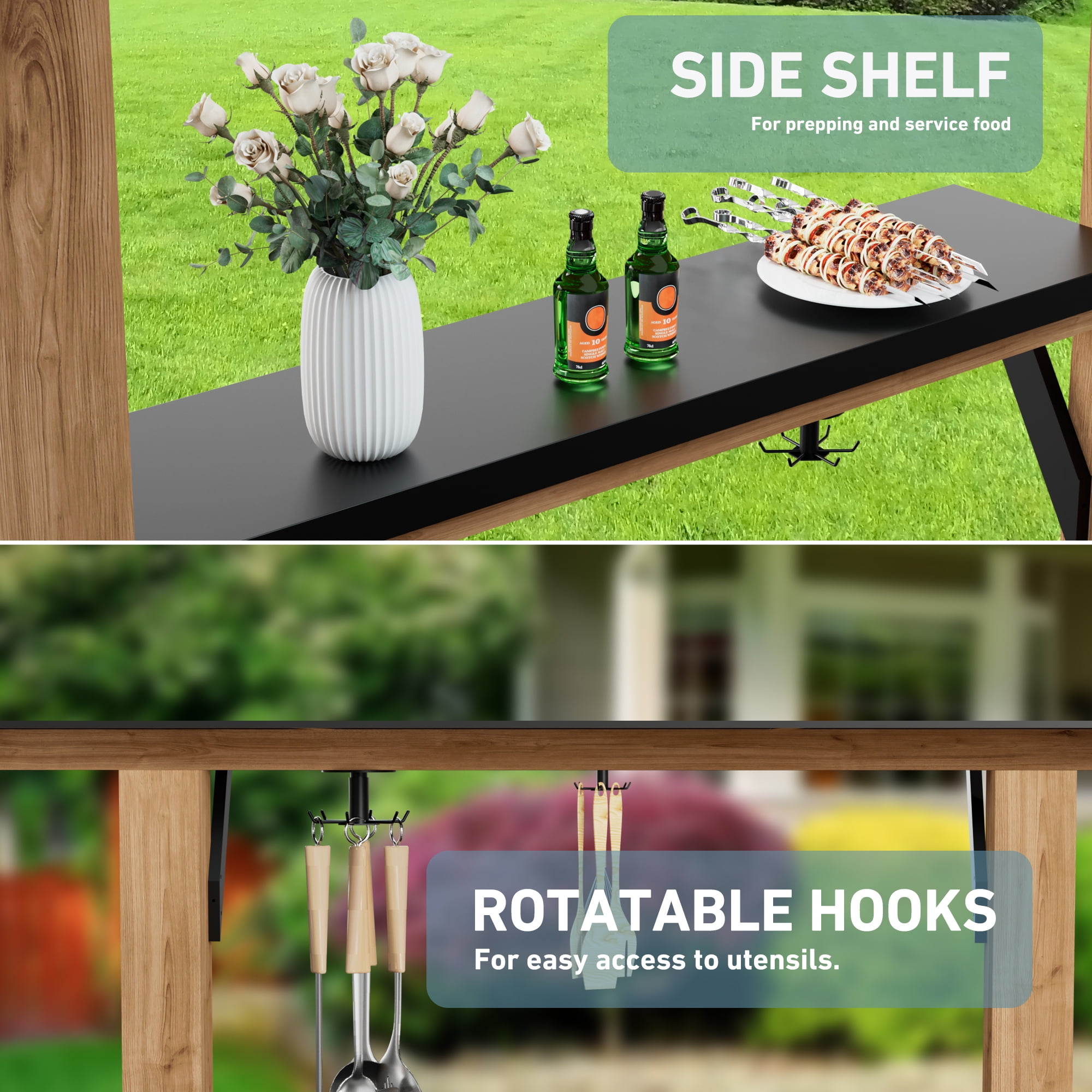 Modern Cedar Wood Grill Gazebo with Steel Roof & Shelving, 6' x 8', Patio BBQ Gazebo with USB Charging Ports