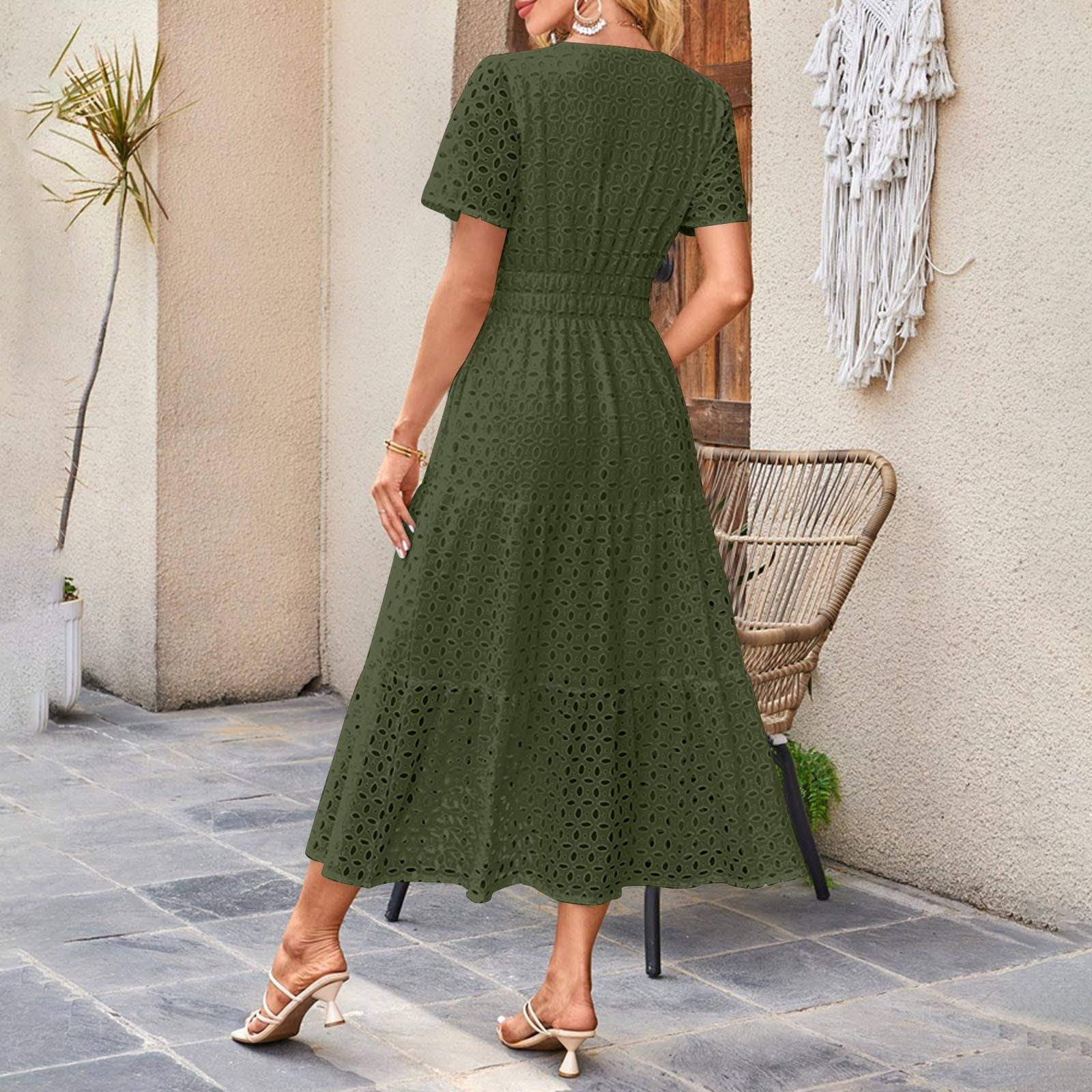 GaThRRgYP 2025 Summer Essential Short Sleeve V-Neck Dress-Lightweight & Breathable,Women's Casual Printed Pleated Elastic Waist Sleeveless V-Neck Dress Army Green L