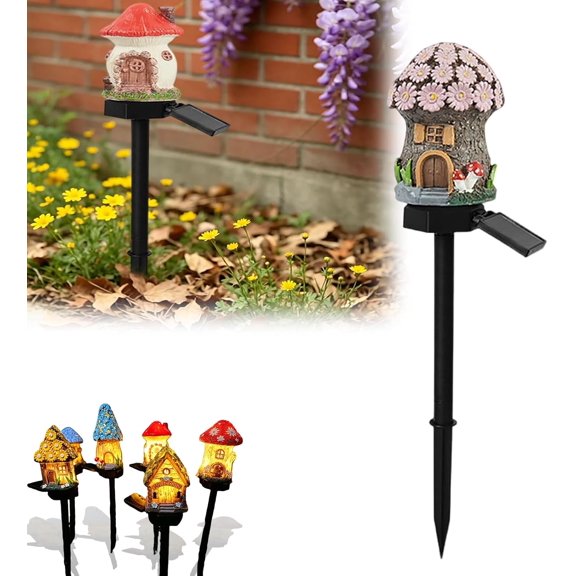 Solar Fairy-Tale Mushroom Cottage Garden Light, Waterproof LED Outdoor Mushroom House Statue Decor Lamp, Auto On/Off Landscape Pathway Light for Yard Patio Lawn Flower Bed Outdoor Decor Lights (E, 1)