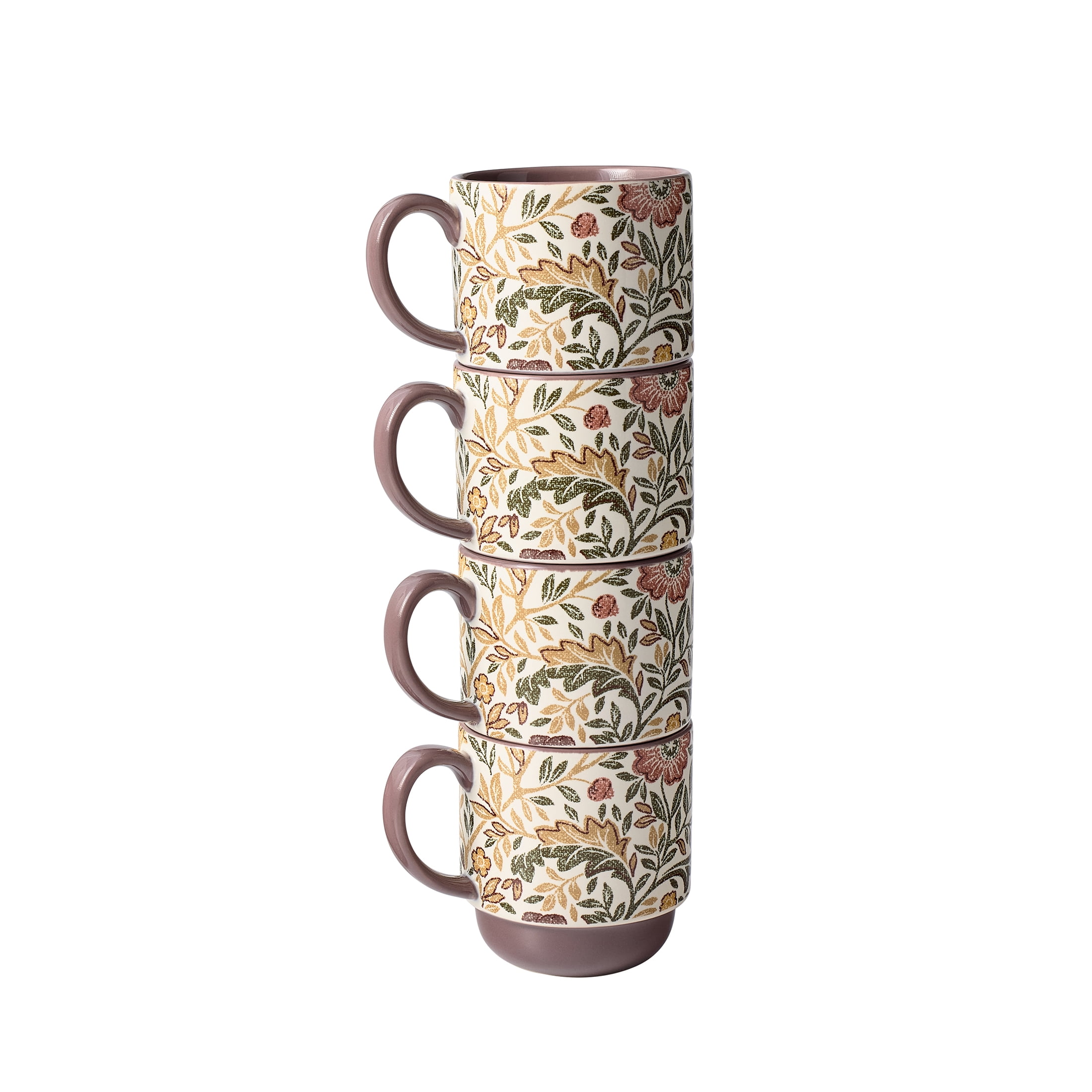 Better Homes & Gardens Edith Vine Floral Stoneware Stacking Mugs with Metal Storage Rack, 5-Piece Set, 14 oz