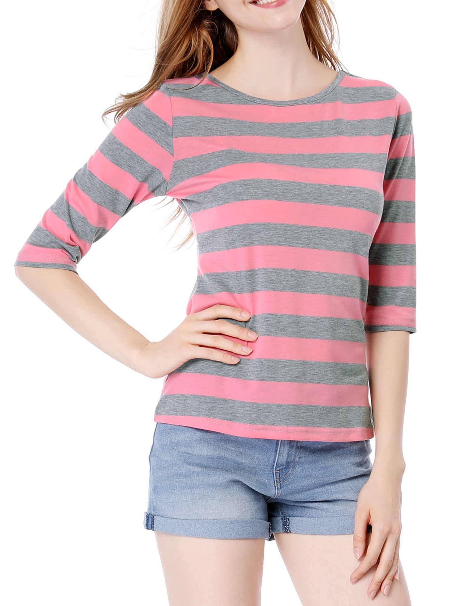 Unique Bargains - Women's 1/2 Sleeves Round Neck Contrast Color Stripes ...