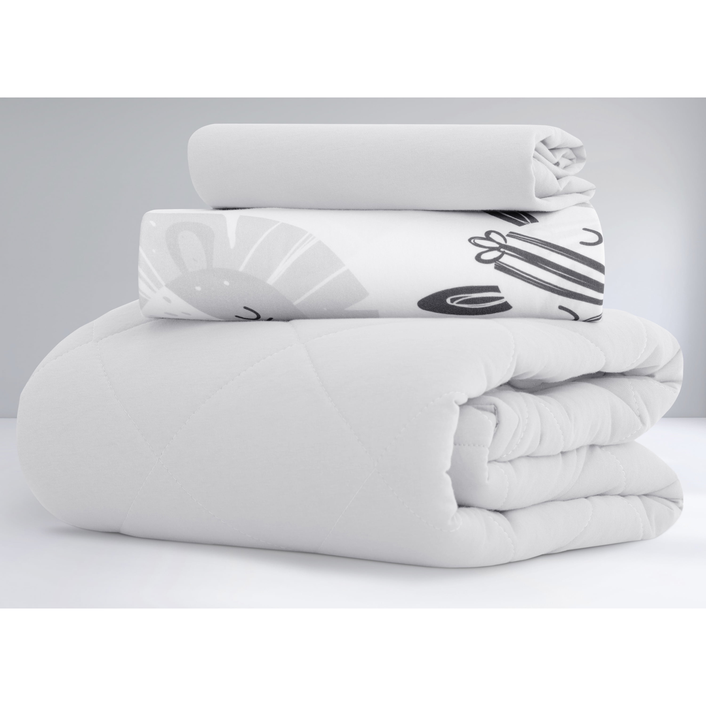 Evolur Zoo Love Collection 3pc Toddler Bed Set (Fitted Sheet, Comforter, Pillow Case) in Glacier Grey & Animal Print
