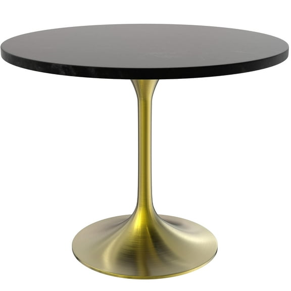 LeisureMod Verve Mid-Century Modern 36" Round Dining Table with MDF Top and Brushed Gold Pedestal Base for Dining Room and Kitchen, Black