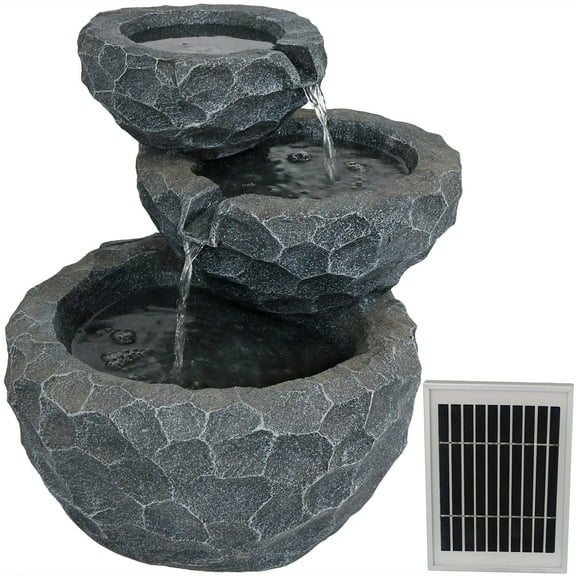 Sunnydaze Chiseled Basin Contemporary Gray Polyresin Solar Water Fountain with Battery
