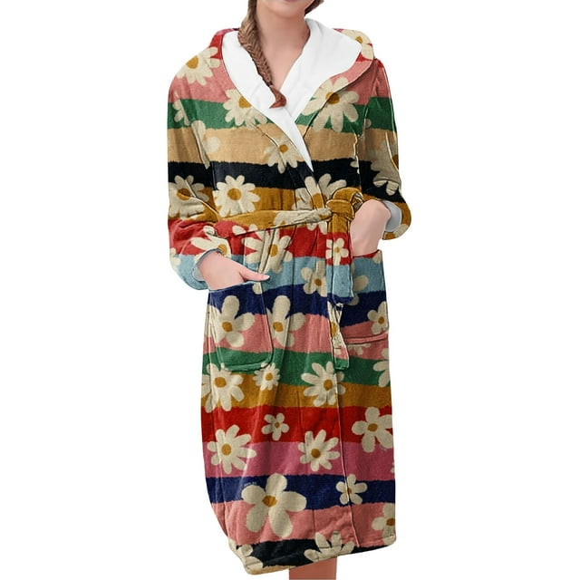 Women's Fleece Plush Robe Long Warm Plush Bathrobe Loungewear Jacket Printed Comfort Robe