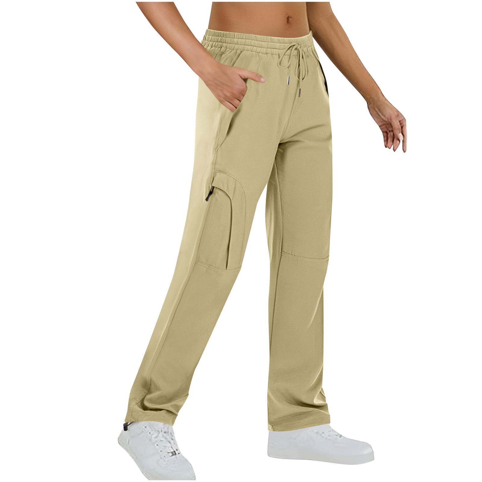 Womens Beige Cargo Pants - 100% Polyester, Multi-Pocket, Elastic Waist Drawstring, Relaxed Straight Leg, Wrinkle-Resistant for Casual & Outdoor,Size XL - image 2