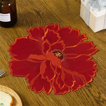 

Kitchen New Family Office Tea Pan Coaster Cup Mats Drink Pad Bowl Pad Non-slip Coasters Flowers Embroidery Placemat Heat Insulation Mat RED