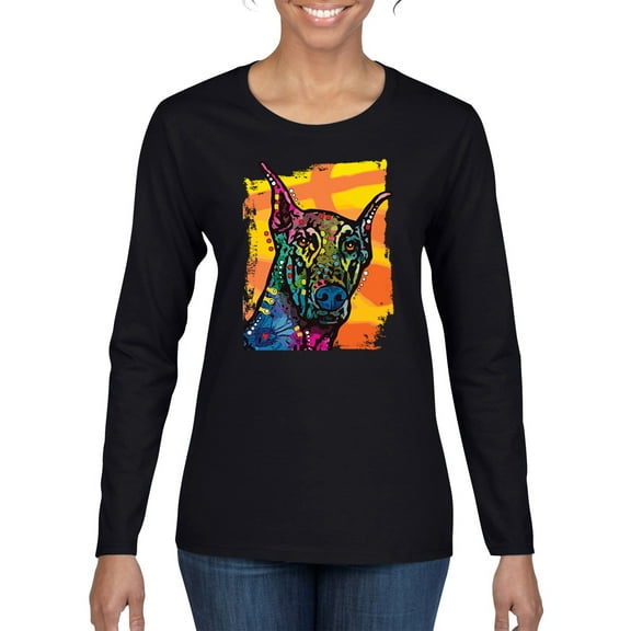 Cute Colorful Rainbow Doberman Dog Dog Lover Womens Graphic Long Sleeve T-Shirt, Black, Small