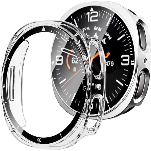 2-Pack Case with Tempered Glass Screen Protector for Samsung Galaxy Watch 8 40mm, Ultra-Thin Full Protective Hard PC Cover, Built-in Scale Bumper for Galaxy Watch 8 40mm, Clear Silver
