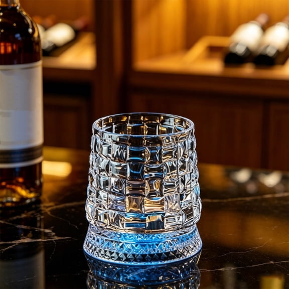 Bomd Spinning Whiskey Glass with Ambient Lighting Set, 360 Degree Rotating Crystal Tumbler with Vintage Ribbed Patterns & 7 Color Lighting, Cool Drinking & Unique Gift for Men