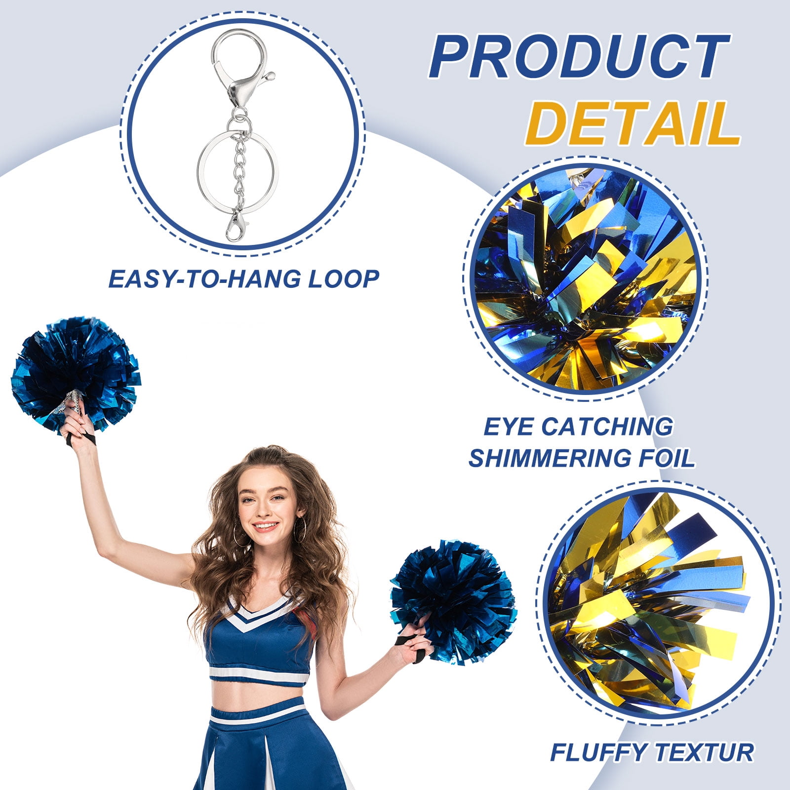Uxcell 20 Pcs Cheer Pom Pom Keychain Cheerleading Gift Charm Plastic Keyring Bulk for Christmas Blue Gold Tone