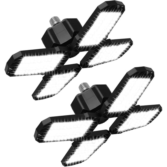 2 Pack LED Garage Light, 150W 15000LM 6500K LED Shop Lights, Garage Lights Ceiling Led with 4 Deformable Panels, Screw in E26/E27 Bulb Socket for Warehouse, Basement, Attic, Barn, High Bay Lighting