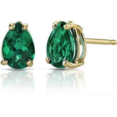 Oravo 1.25 Carat T.G.W. Pear-Shape Created Emerald 14kt Yellow Gold Stud Earrings