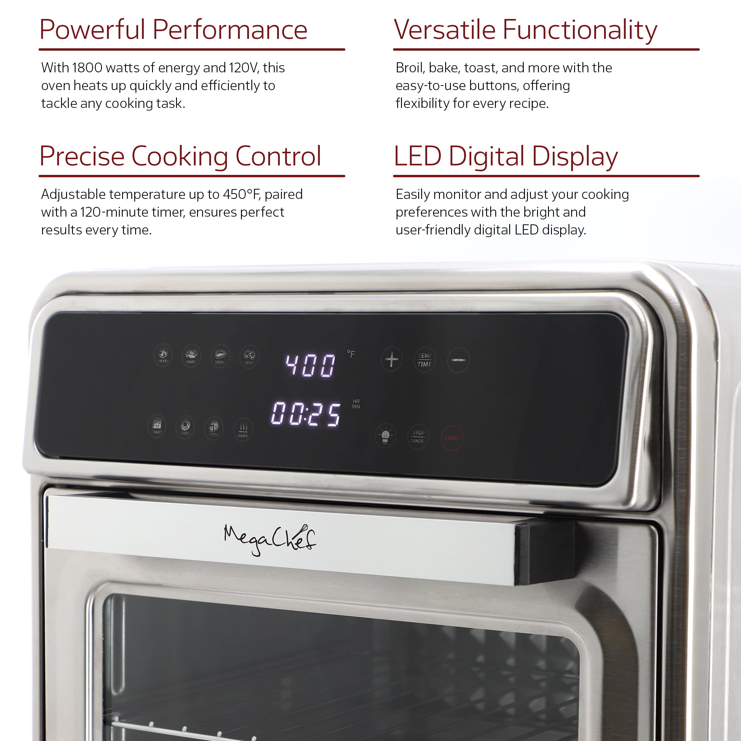MegaChef 21.13 Digital Quart Stainless Steel Digital Electric Multi-Function Air Fryer and Counter Top Oven in Silver