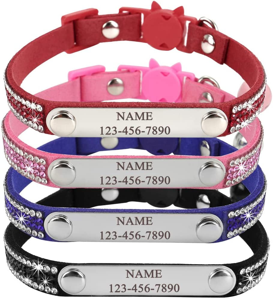 CAT KITTEN Leather COLLAR Bling Diamante with or without ENGRAVED ID TAG 