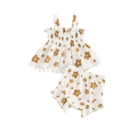 

Baby Girl Floral Clothes Floret Print Tassel Vest Tops+ Shorts Summer Outfit Set 2Pcs